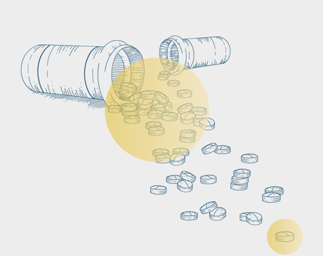 Illustration of prescription pill bottles and medication spilling out of them, overlaid with semi-transparent yellow circles. 