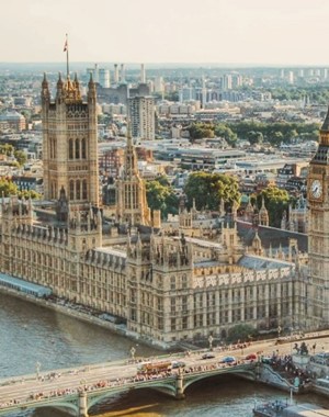 Aerial view of Big Ben clock tower and the Houses of Parliament in the city of London in England, United Kingdom.