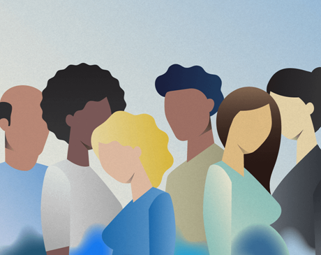 Illustration of silhouettes of people standing with blue shading around their gastrointestinal area that represent their gut microbiomes; different shades of blue represent the diversity in their gut microbiomes. 